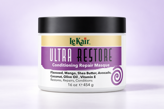 LeKair Ultra Restore Conditioning Repair Masque 16oz tub on a pale lavender background