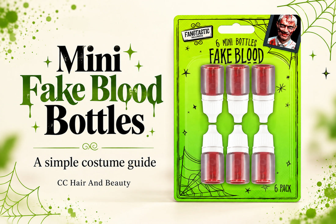 Fangtastic Halloween six-pack of mini fake blood bottles with a costume guide at CC Hair And Beauty