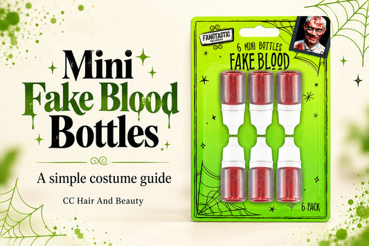 Fangtastic Halloween six-pack of mini fake blood bottles with a costume guide at CC Hair And Beauty