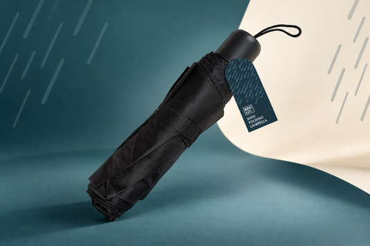 Black Brolly Mini Folding Umbrella with wrist loop and hanging tag on a teal and cream studio background