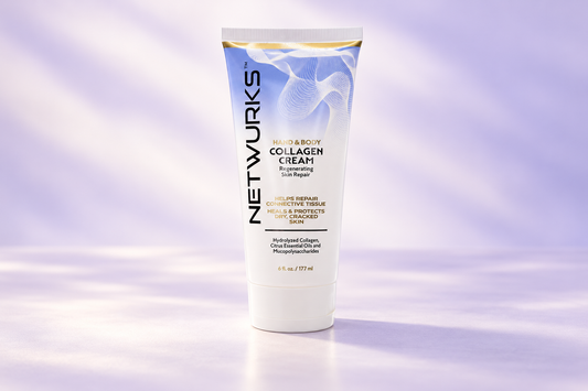 Netwurks Collagen Hand and Body Cream 177ml tube on a pale lavender studio background