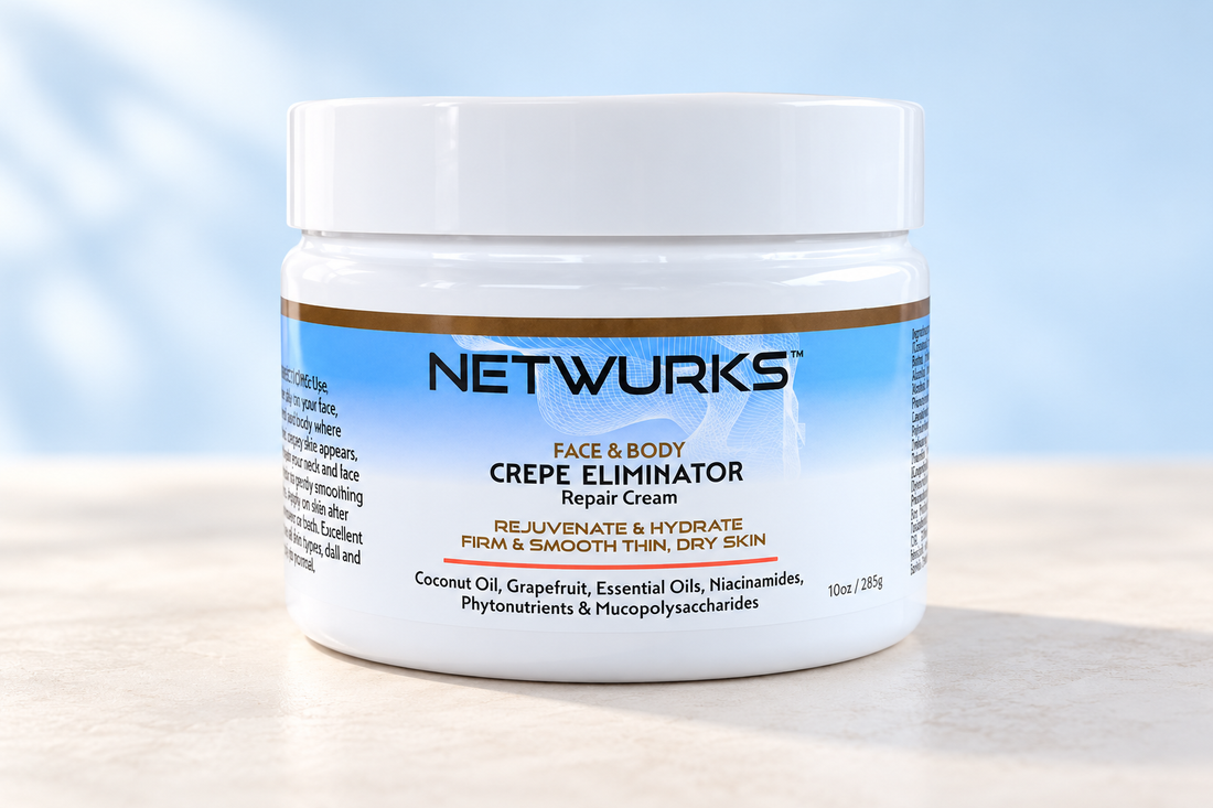 Netwurks Face and Body Crepe Eliminator Repair Cream 10oz jar on a pale surface