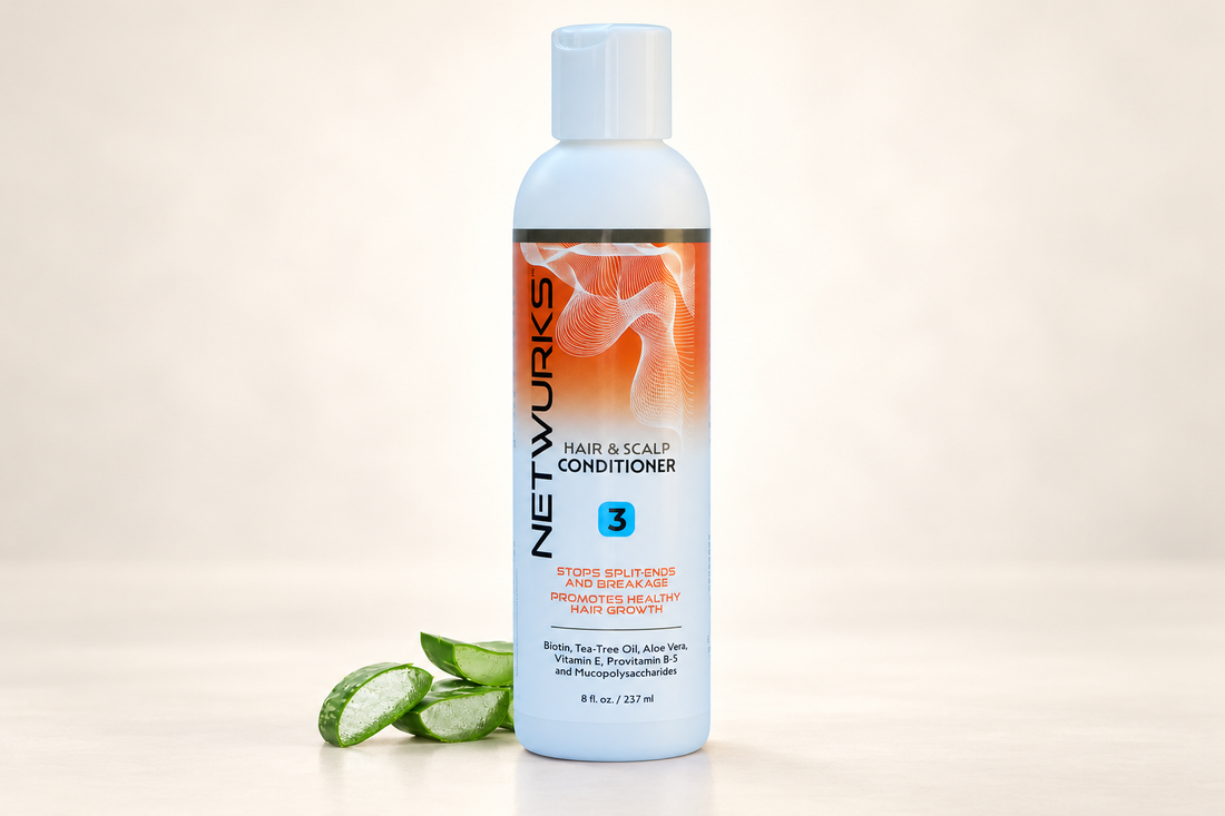 Netwurks Hair and Scalp Conditioner 237ml bottle beside aloe leaves on a cream studio background.