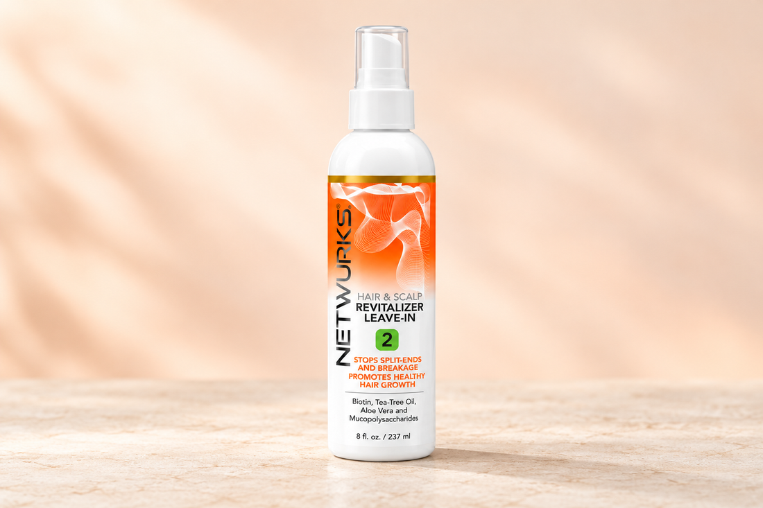 Netwurks Hair and Scalp Revitalizer Leave-In Spray bottle on a pale stone surface