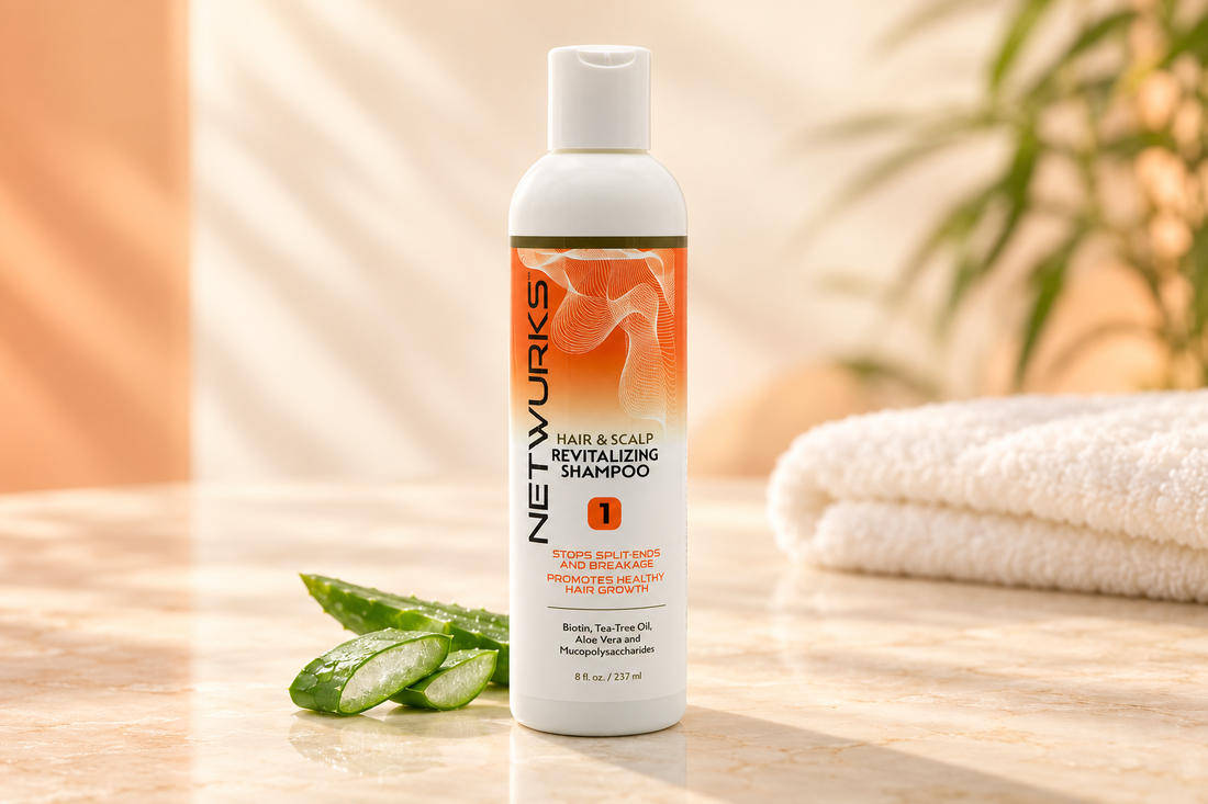 Netwurks Hair and Scalp Revitalizing Shampoo bottle beside aloe and a white towel