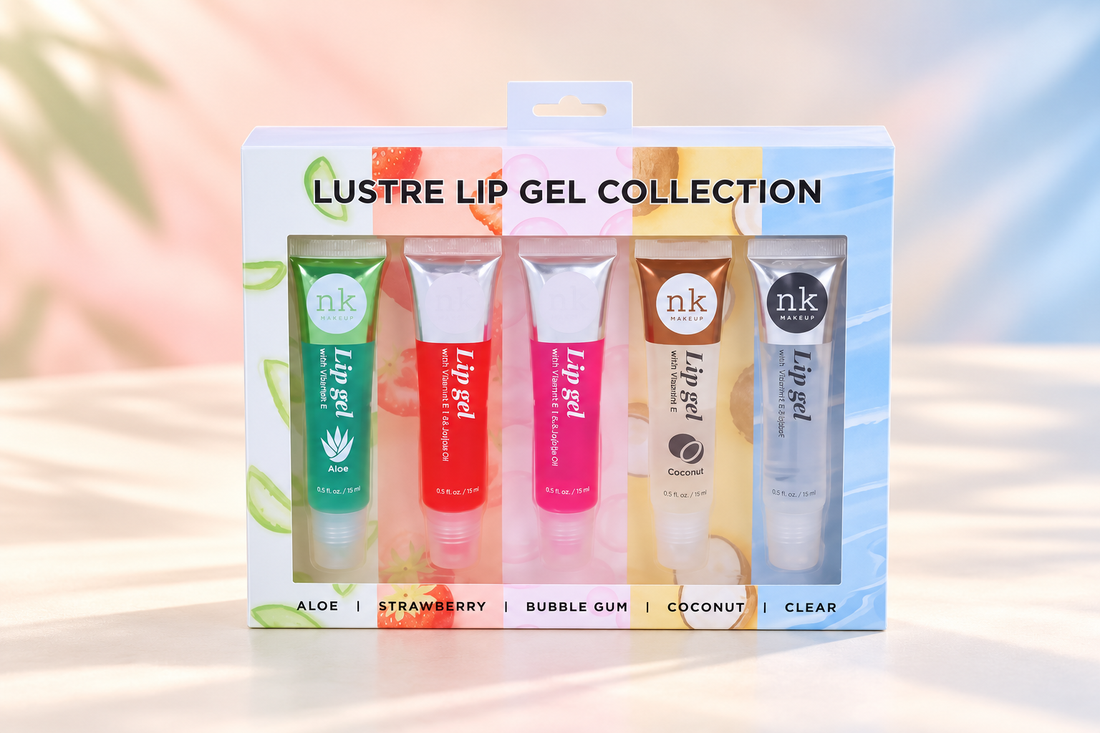 Nicka K Lustre Lip Gel Collection box with five 15ml tubes on a pastel studio background