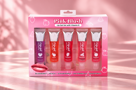 Nicka K Pink Blush Lip Gel Collection box with five 15ml tubes on a pink studio background
