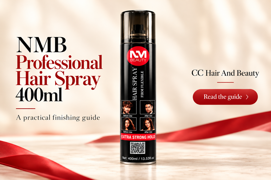 NMB Professional Hair Spray 400ml on an ivory background with CC Hair And Beauty guide text