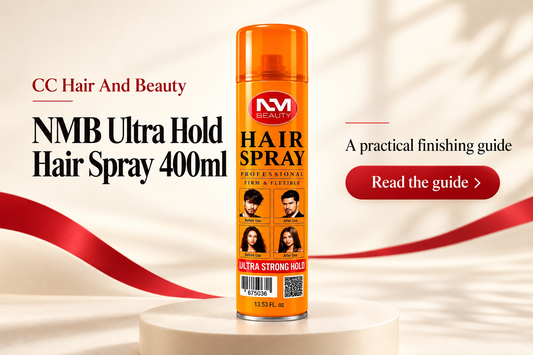 NMB Ultra Hold Hair Spray 400ml on an ivory background with CC Hair And Beauty guide text