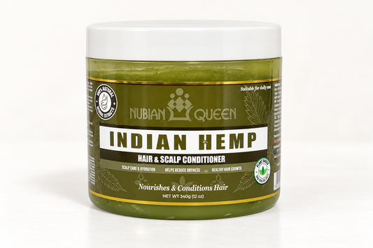 Nubian Queen Indian Hemp Hair and Scalp Conditioner 340g jar on a pale background