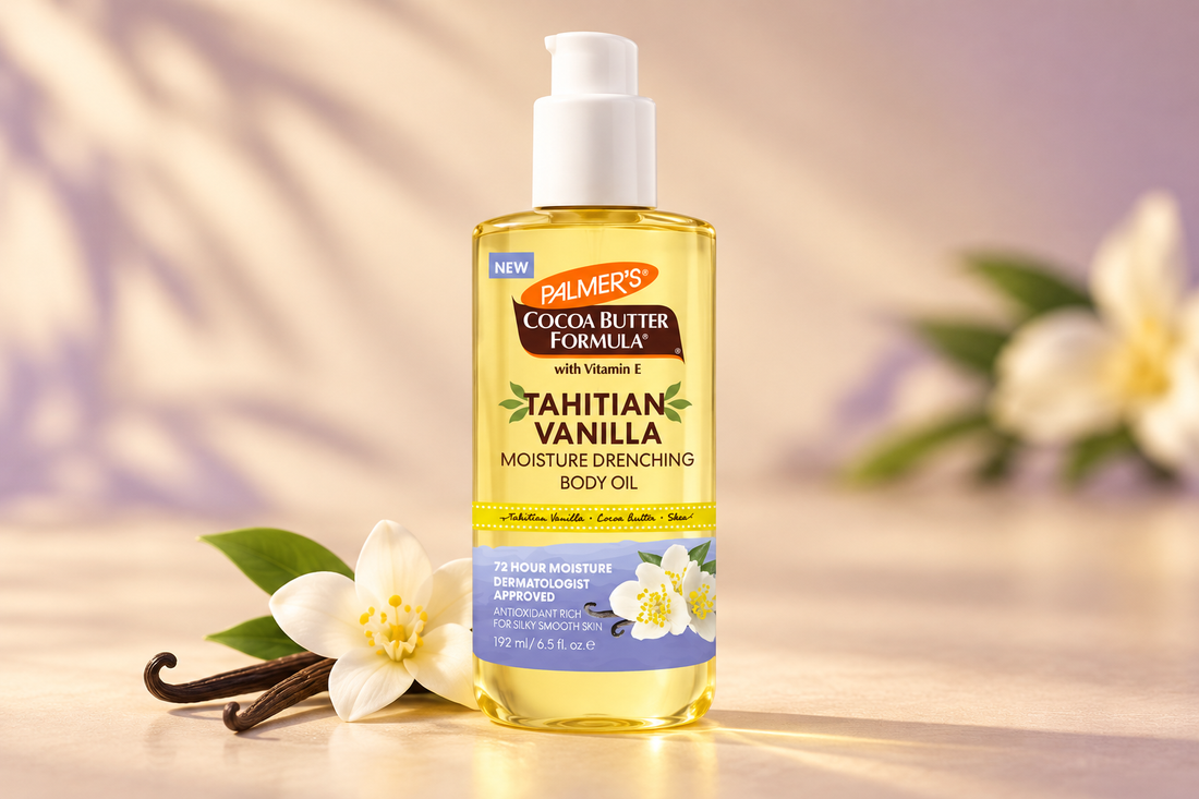 Palmer’s Tahitian Vanilla Body Oil 192ml pump bottle with vanilla flowers on a cream background.