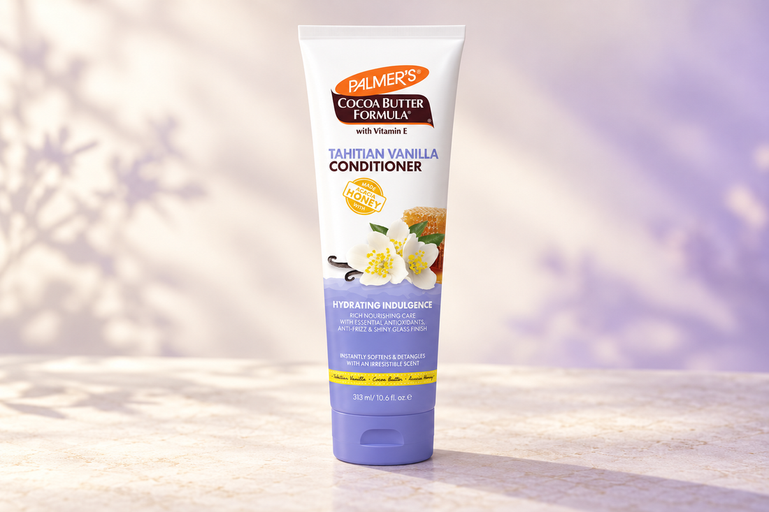 Palmer’s Tahitian Vanilla Conditioner 313ml tube on a softly lit ivory and lavender background