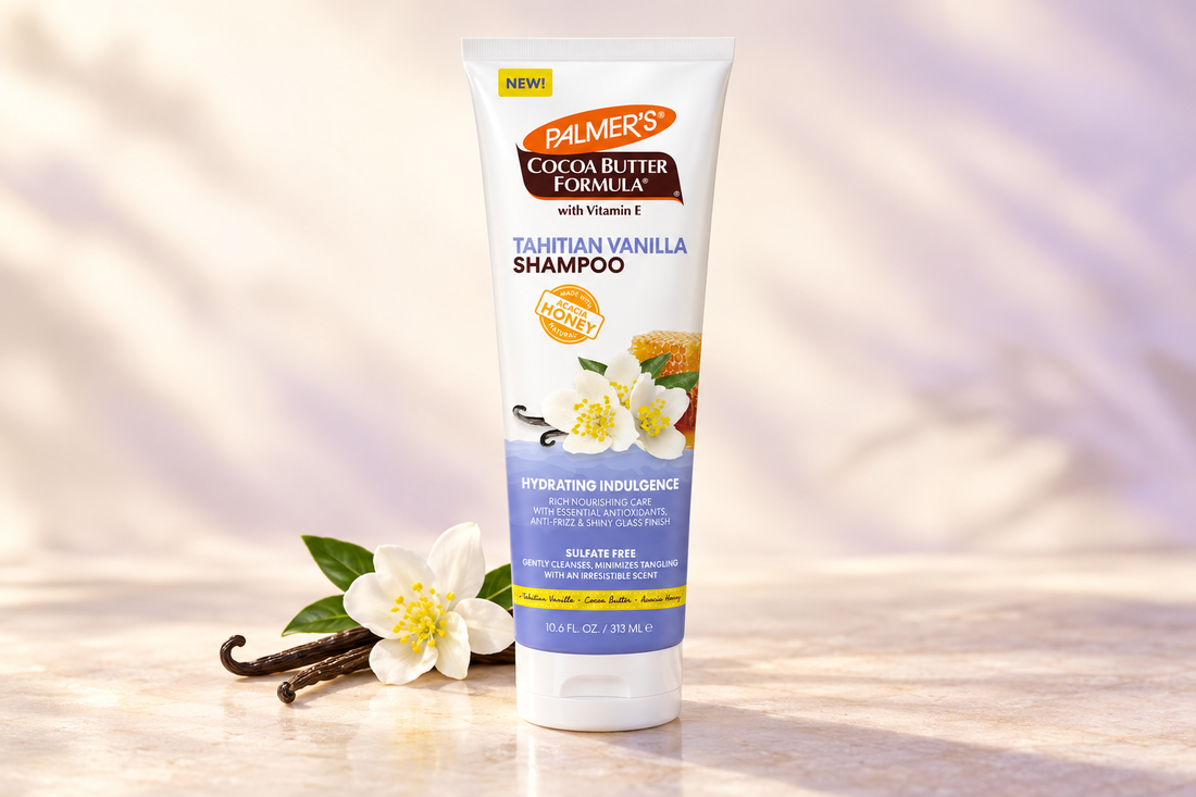 Palmer’s Tahitian Vanilla Shampoo 313ml tube with vanilla pods on a cream studio background.