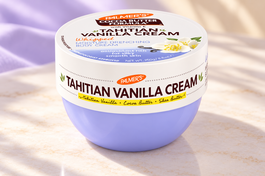Palmer's Tahitian Vanilla Whipped Body Cream 250g lavender tub on a cream studio surface