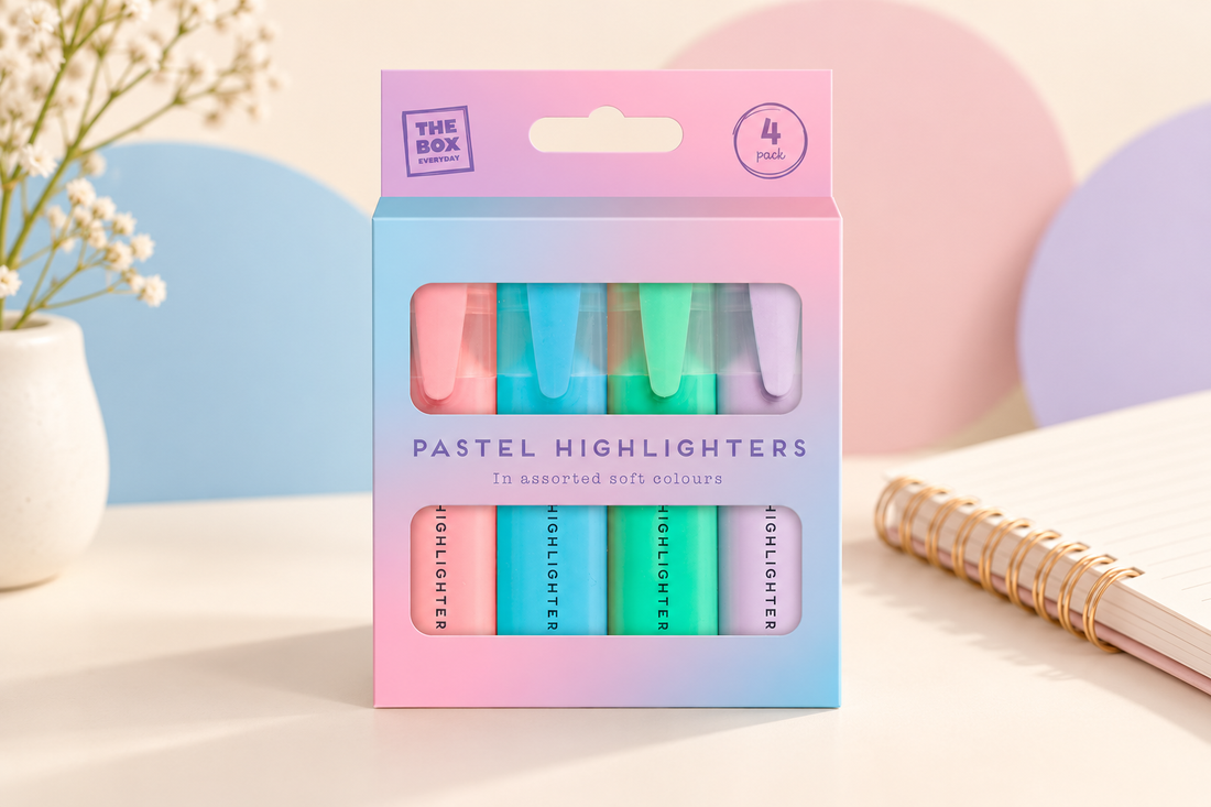 Four pastel highlighters in their retail pack beside a notebook on a cream desk
