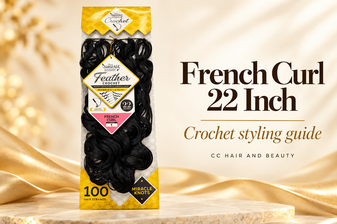 Pure Naturall Feather Crochet French Curl 22 Inch pack in shade 1 beside crochet styling guide text