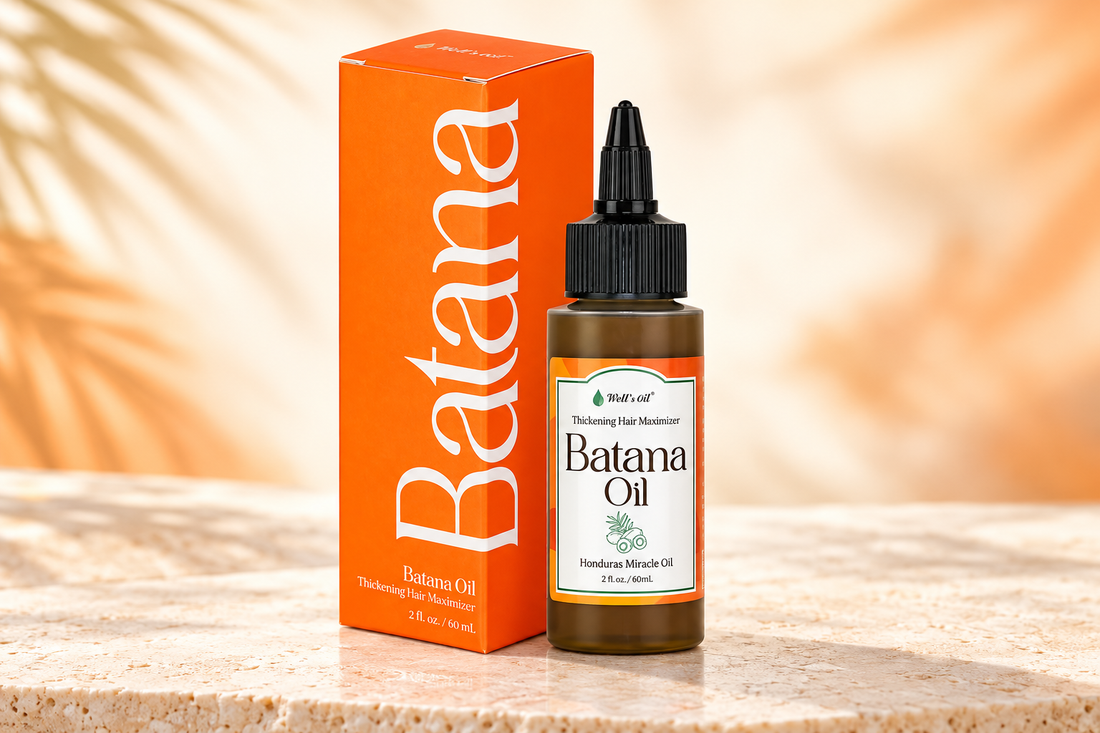 Well’s Batana Oil 60ml bottle and orange box on a pale stone surface