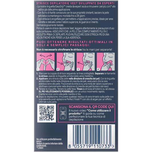 Veet 12 Facial Depilatory Strips Fpr Normal Skin With Shea Butter