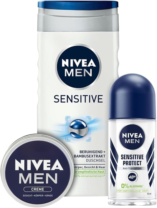 Nivea Men Gift Set Active Sensitive 1 X Deo Roll On + Shower Gel + Nivea Cream