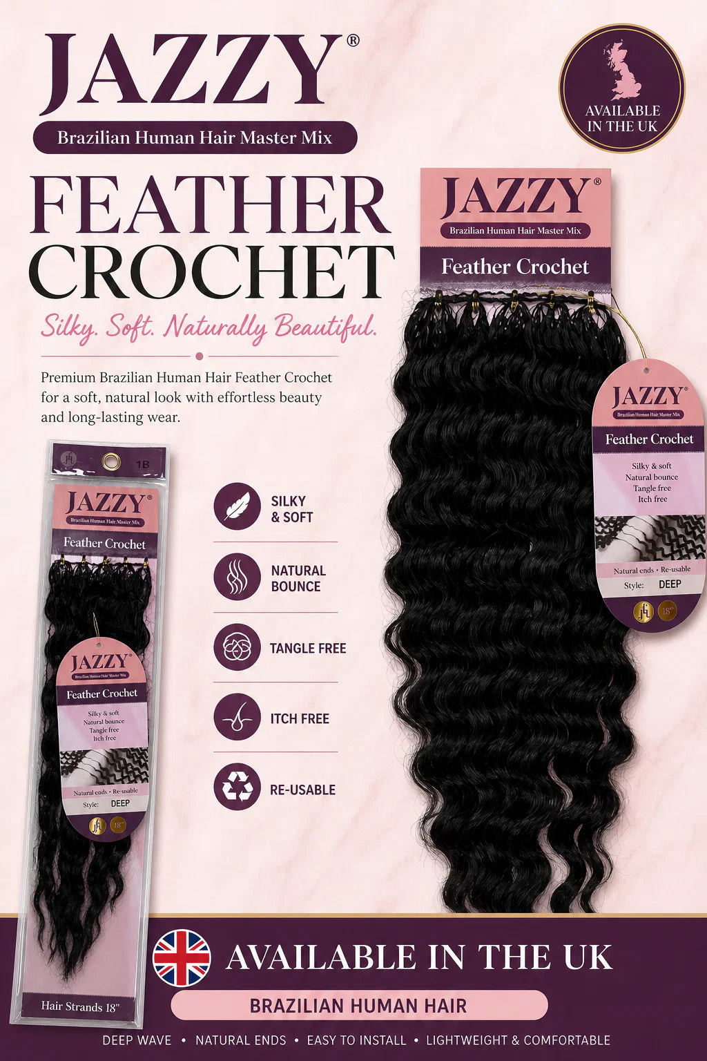 JAZZY Feather Crochet Hair Brazilian Human Hair Blend Crochet Deep Wave 18"