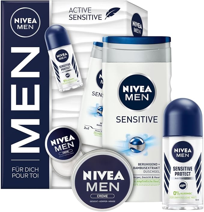 Nivea Men Gift Set Active Sensitive 1 X Deo Roll On + Shower Gel + Nivea Cream