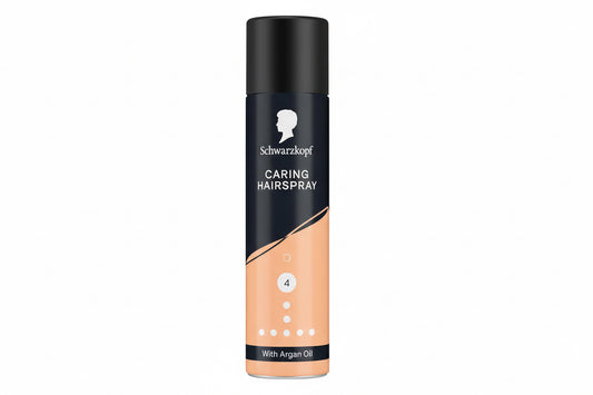 Schwarzkopf caring hairspray bottle with black and peach design