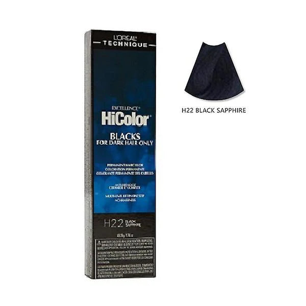 L'Oreal HiColor hair dye box for black hair with a sample swatch on a white background