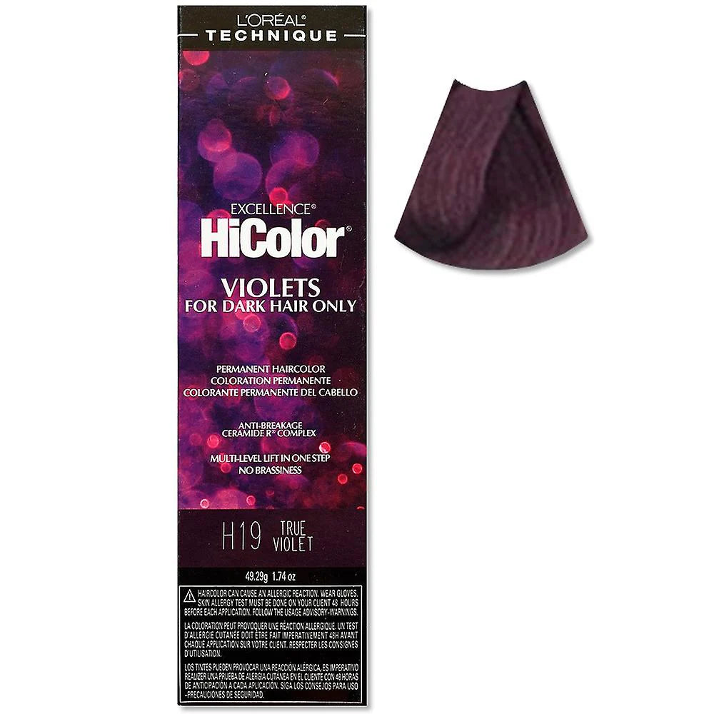 L'Oreal HiColor hair dye packaging with a sample swatch on a white background