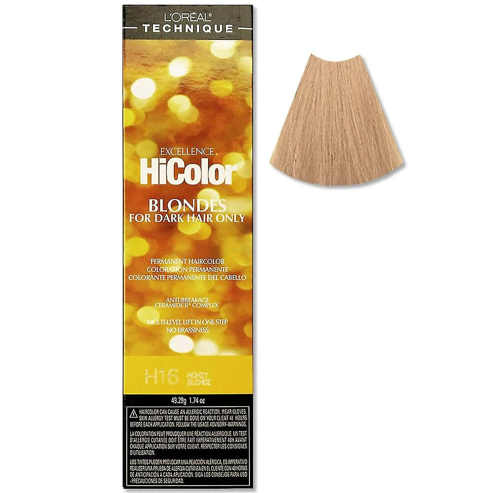 L'Oreal HiColor hair dye for dark hair with a blonde hair sample on a white background