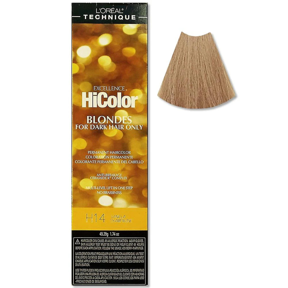 L'Oreal HiColor hair color packaging for dark hair with a blonde swatch on a white background.