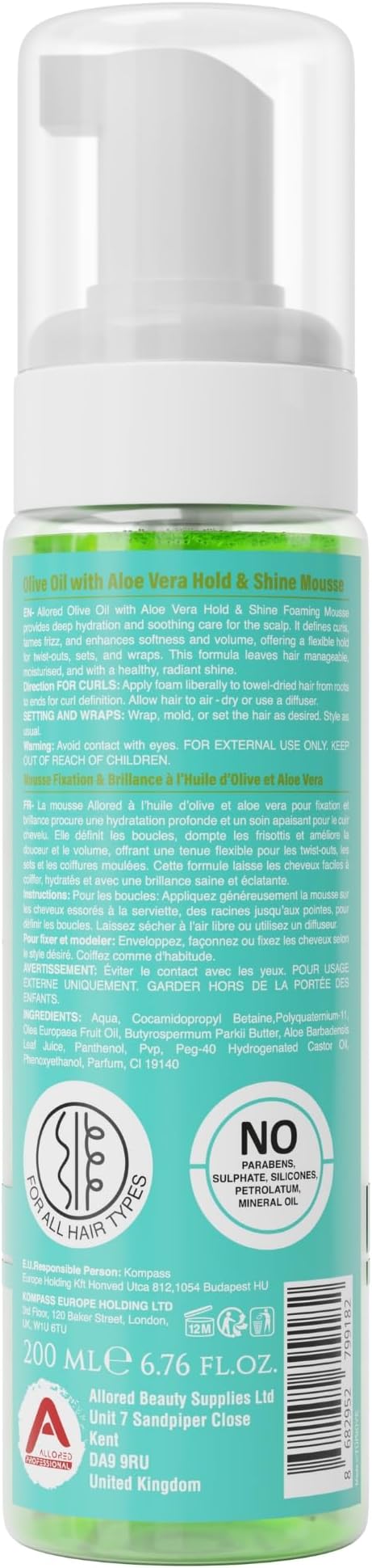 Allored Professional Olive Oil Hair Mousse Styling Foam With Aloe Vera – Sulfate-Free 200ml
