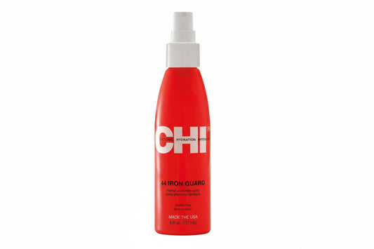 A red bottle of CHI CHI44 Iron Guard Thermal Protection Spray with a white spray nozzle.
