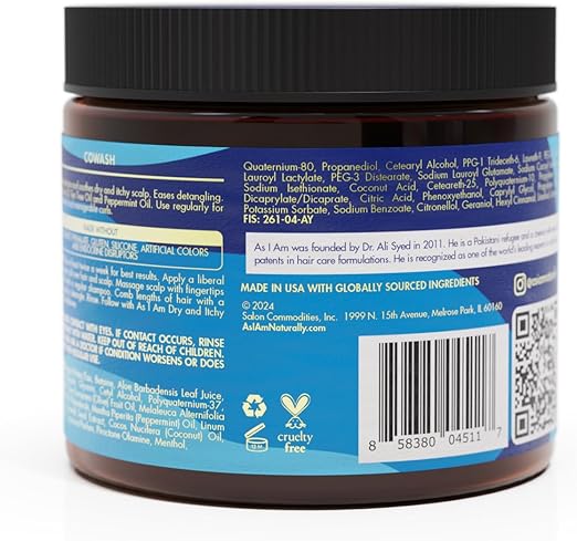 As I Am Dry & Itchy Scalp Care Cowash - With Olive Oil, Tea Tree Oil & Peppermint- 16 ounce Oil