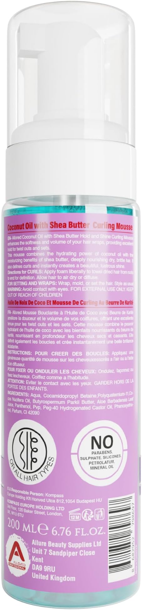 Allored Professional Curl Hair Mousse - Styling Foam with Coconut Oil & Shea Butter 200ml