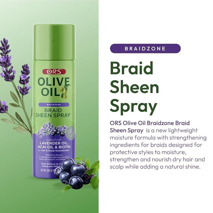 ORS Olive Oil Braid Sheen Spray with Lavender, Acai & Biotin for Hair & Scalp Nourishment 10oz
