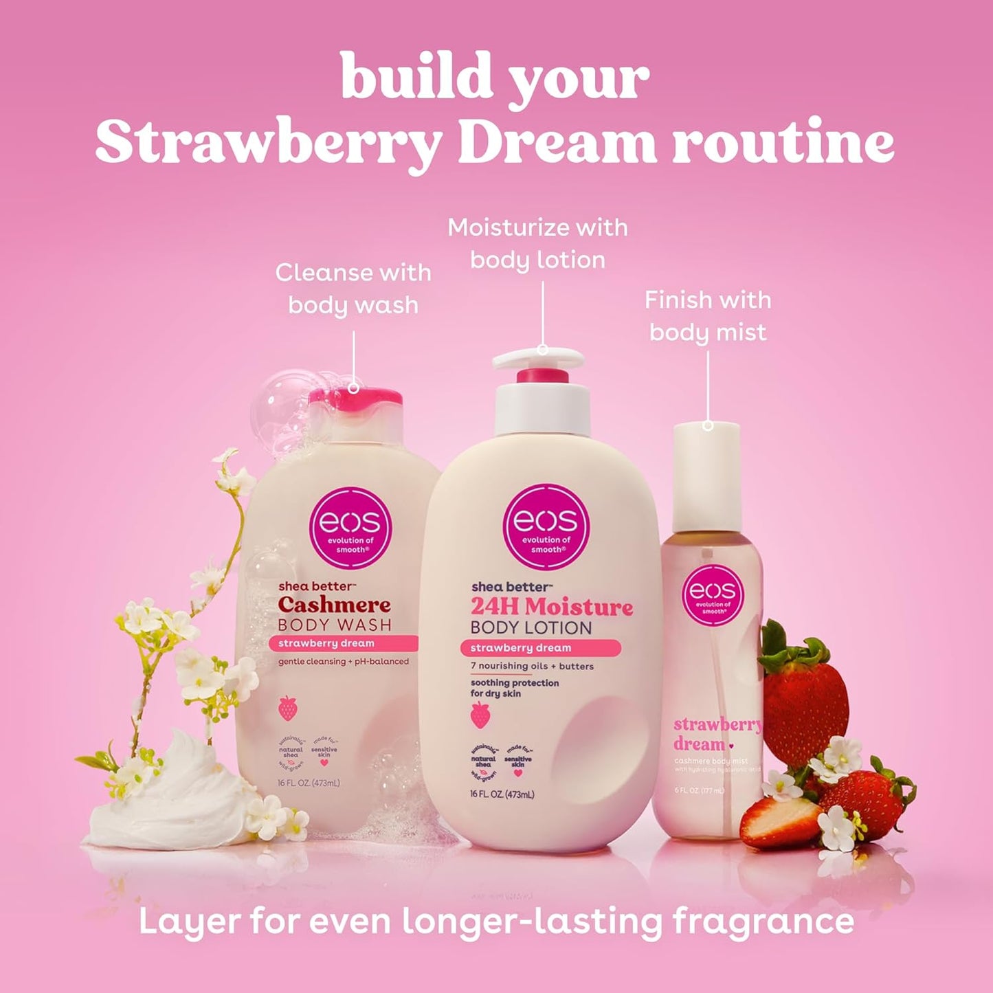 eos Shea Better Body Lotion Strawberry Dream, 24-Hour Moisture Skin Care 16Oz