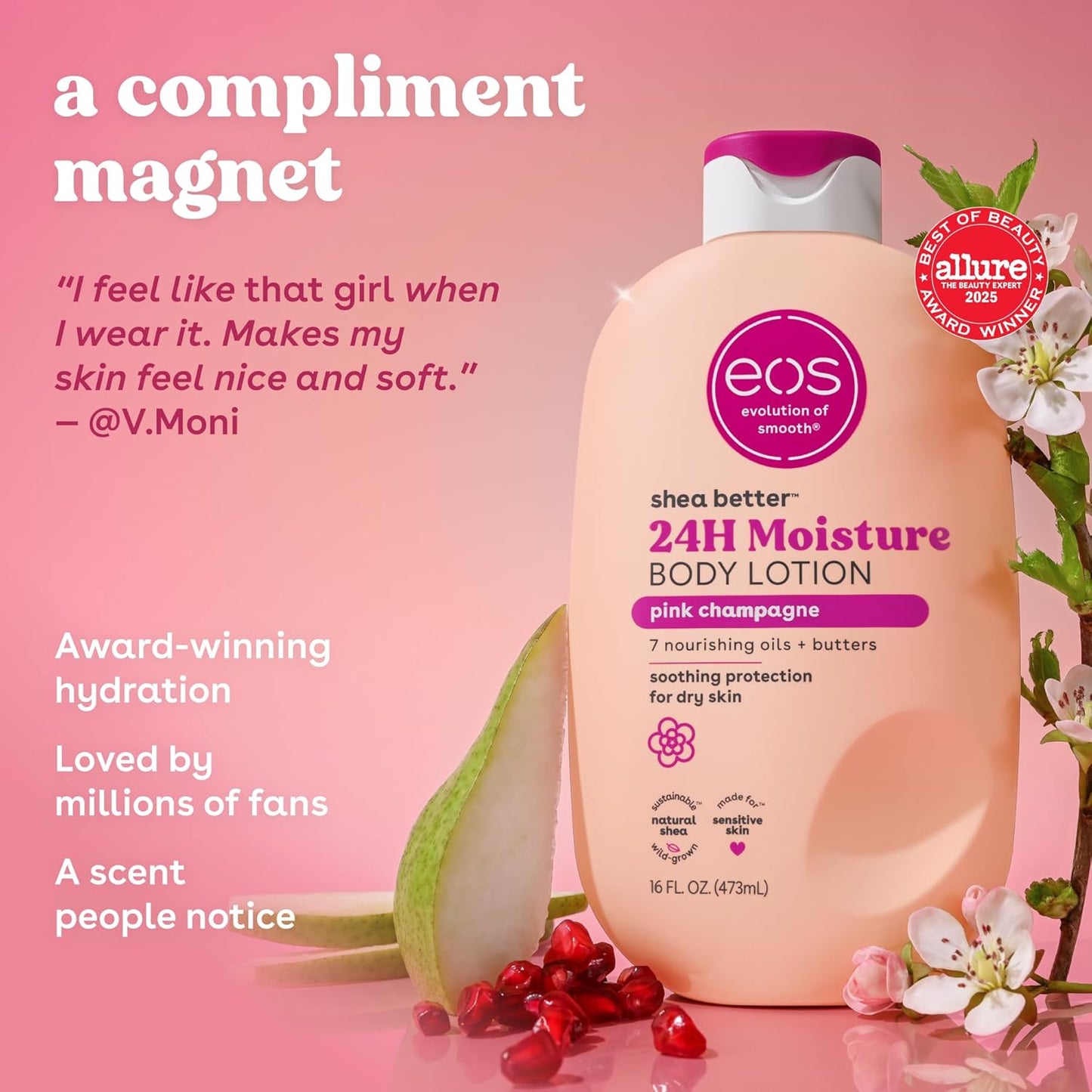 eos Shea Better Body Lotion Pink Champagne 24-Hour Moisture Lightweight & Non-Greasy 16Oz