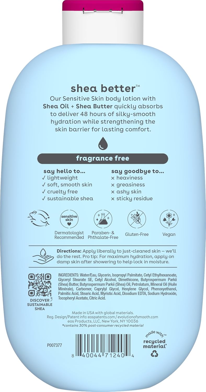 eos Shea Better Body Lotion Fragrance Free, 24-Hour Hydration Skin Care 16oz