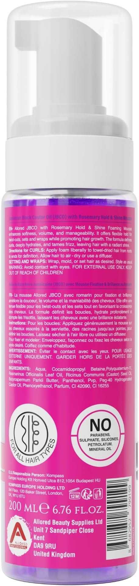 Allored Professional Jamaican Black Styling Foam Mousse with Castor Oil & Rosemary 200ml - back label | CC Hair & Beauty UK