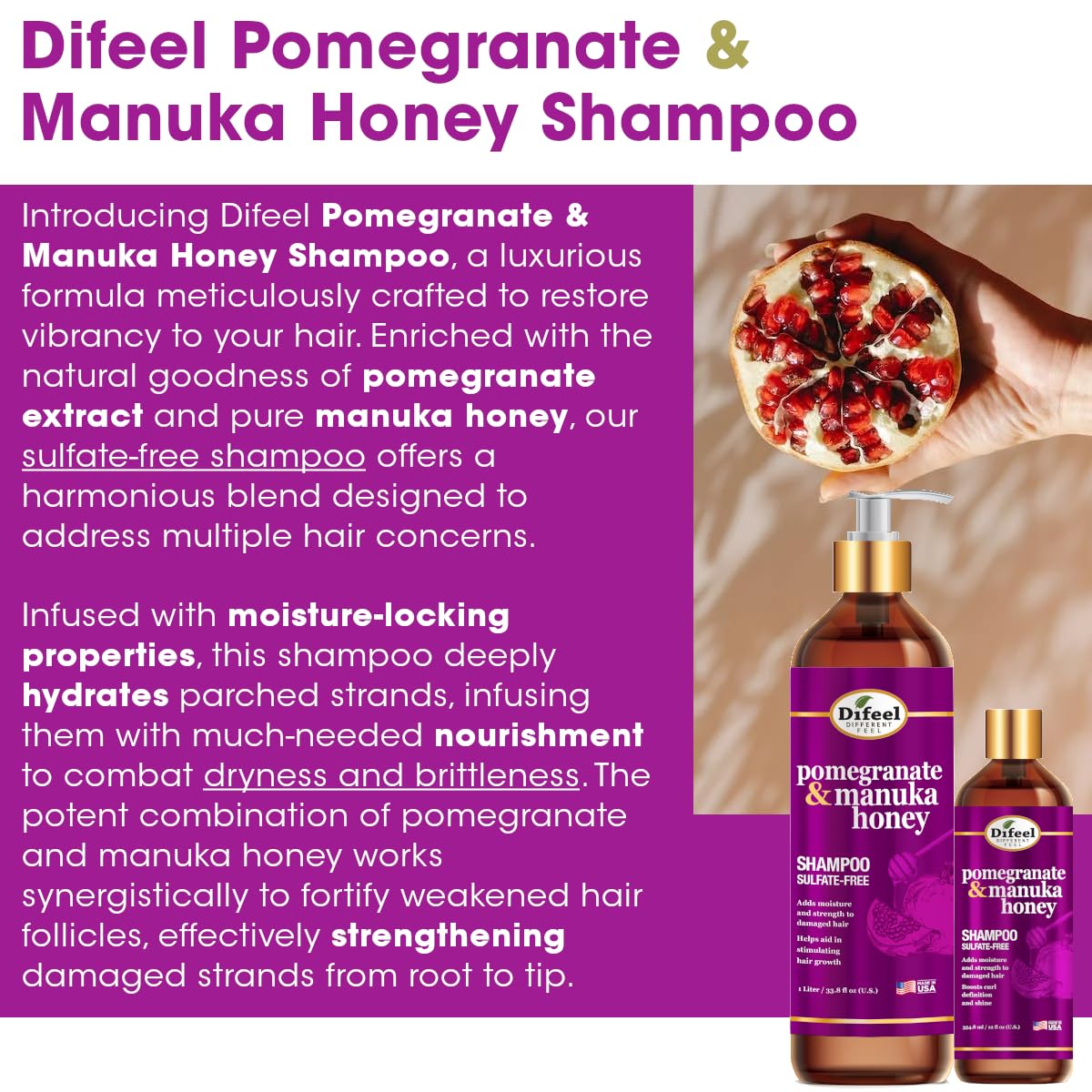 Difeel Pomegranate & Manuka Honey Sulfate-Free Shampoo 12 oz.