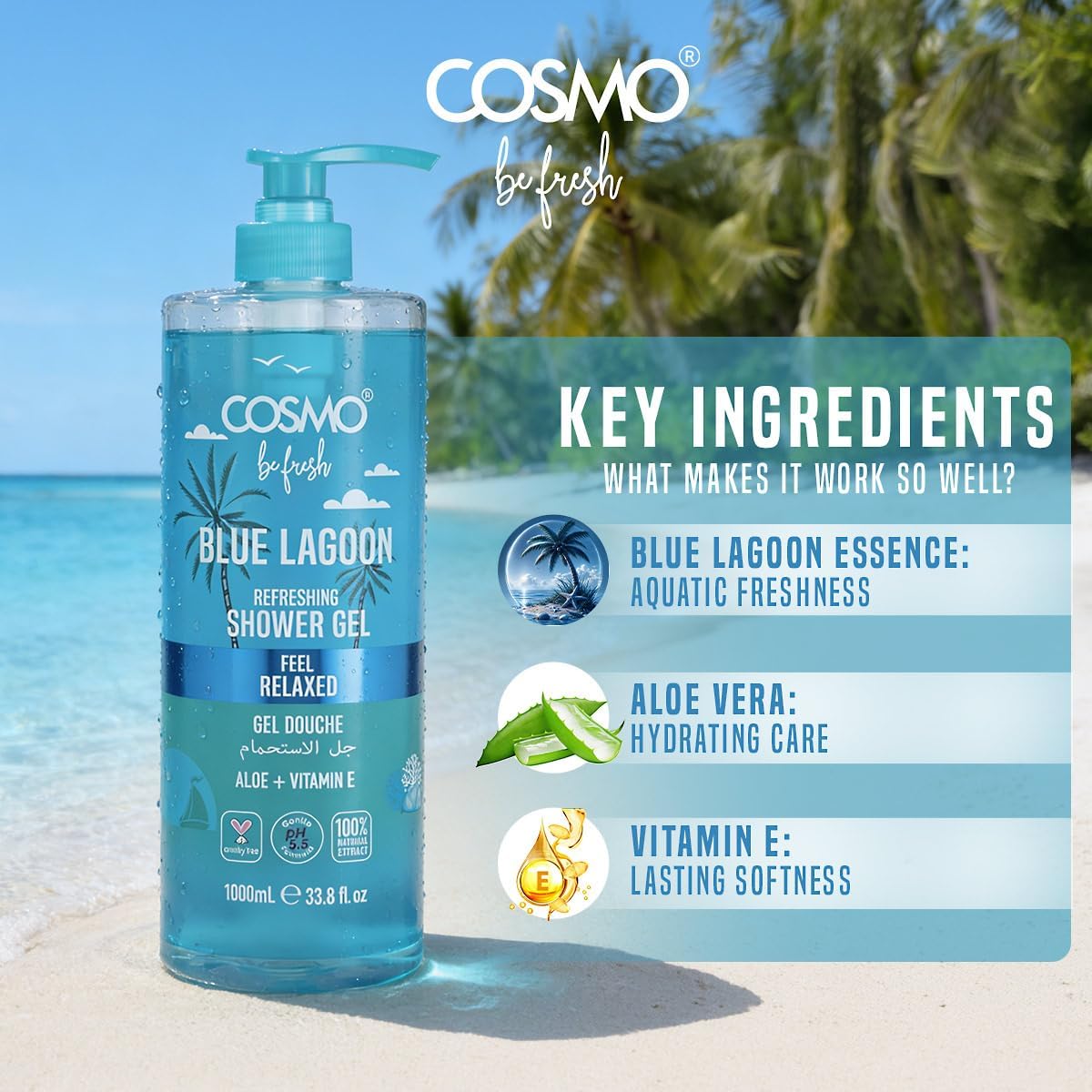 Cosmo Be Fresh Blue Lagoon Shower Gel with Aloe & Vitamin E 1000ml