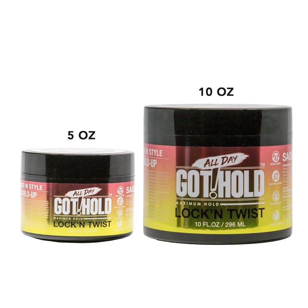 Two jars of Got2B Hold Lock 'N Twist hair product, one 5 oz and one 10 oz, on a white background.