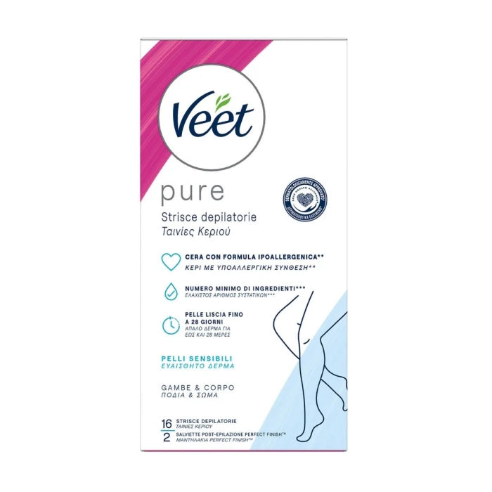 Veet Pure Hair Removal Strips with Cold Wax - Hypoallergenic Formula 16 pcs