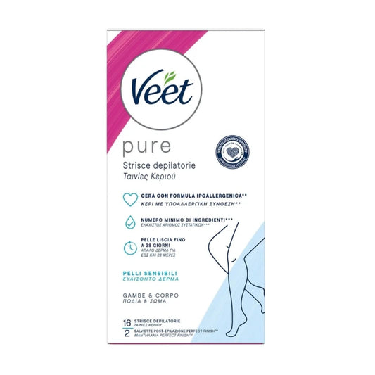 Veet Pure Hair Removal Strips with Cold Wax - Hypoallergenic Formula 16 pcs