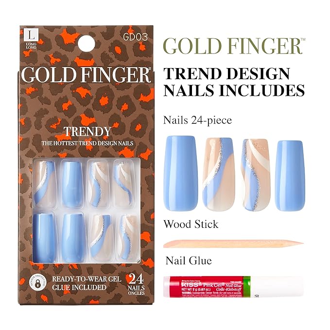 Gold Finger Full Cover False Nails Kit with Glue,Trendy Design, Ready to Wear Gel