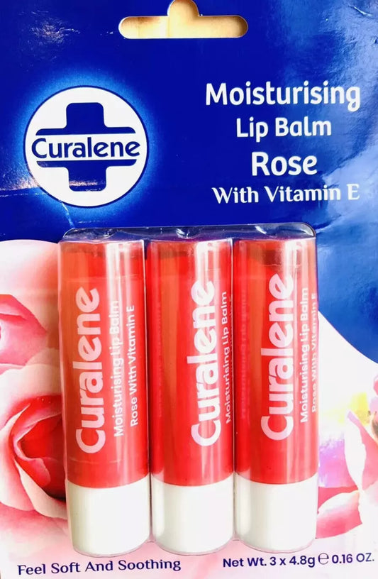 Pack of 3 x 3 Curalene Moisturising Lip Balm Rose & Vitamin E 4.8g