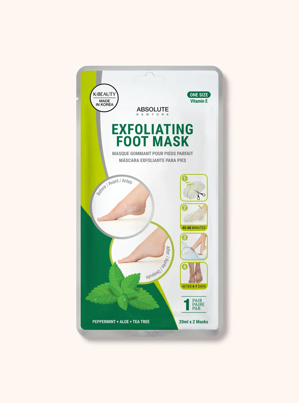 Absolute New York Citrus+Grapefruit+Green Tea, Exfoliating Foot Mask 20ml x 2 in 1 Pair