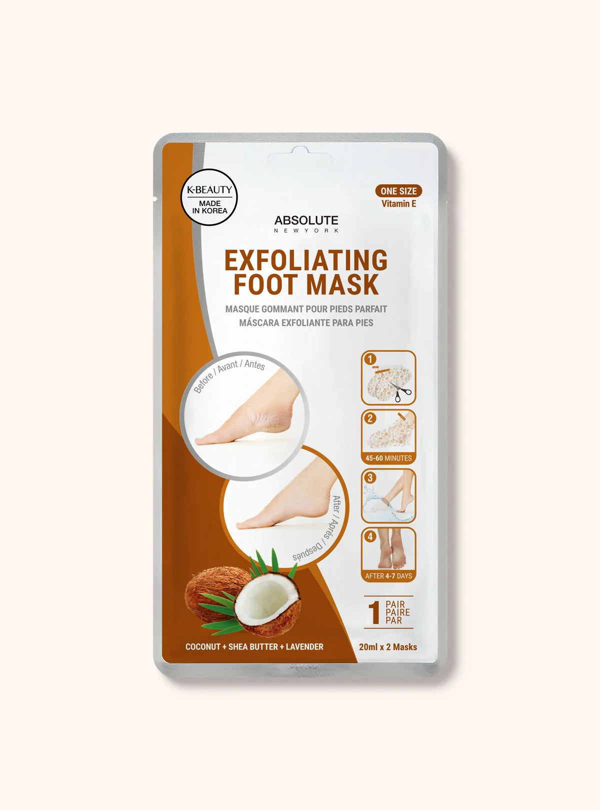 Absolute New York Citrus+Grapefruit+Green Tea, Exfoliating Foot Mask 20ml x 2 in 1 Pair