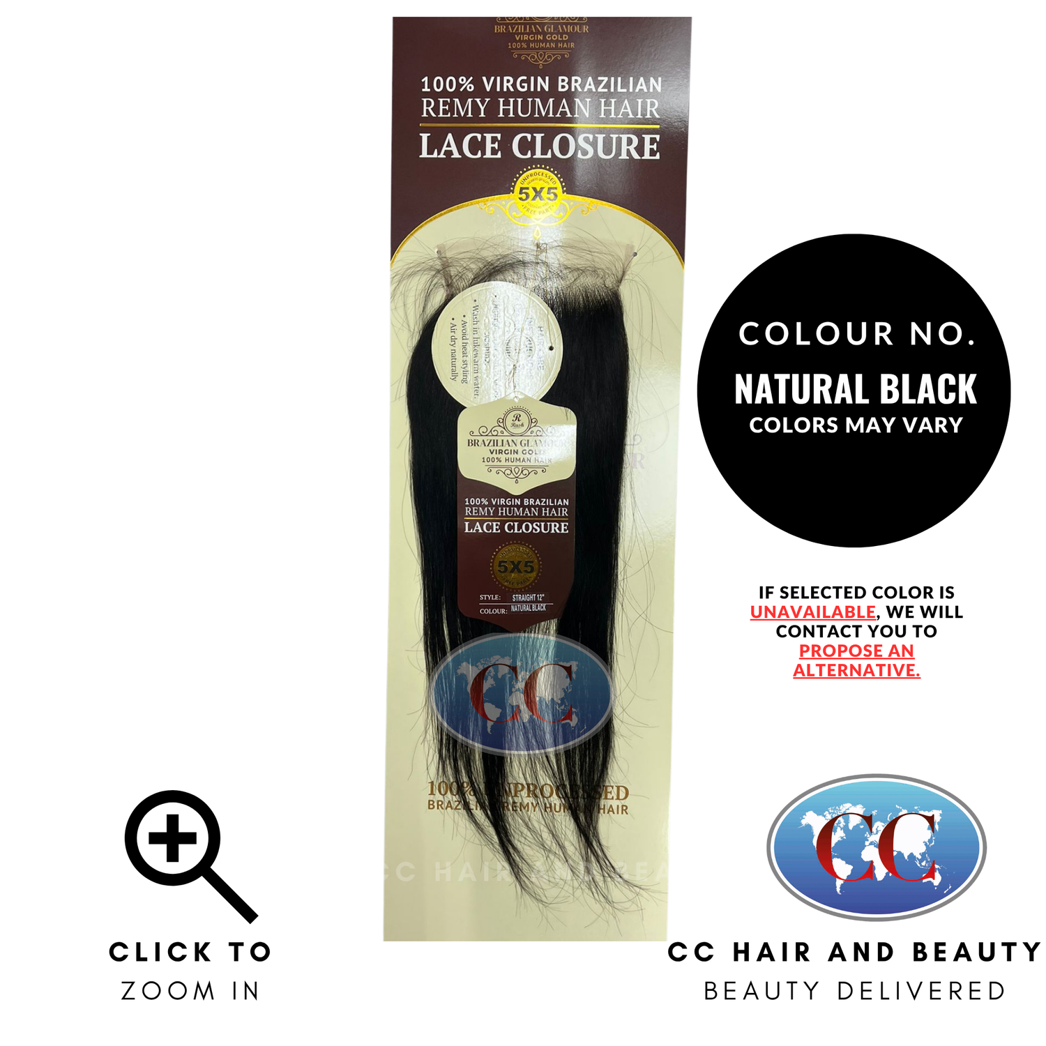 Brazilian Glamour Virgin Brazilian Remy Human Hair Lace Closure 5x5 Straight 12" - NATURAL BLACK