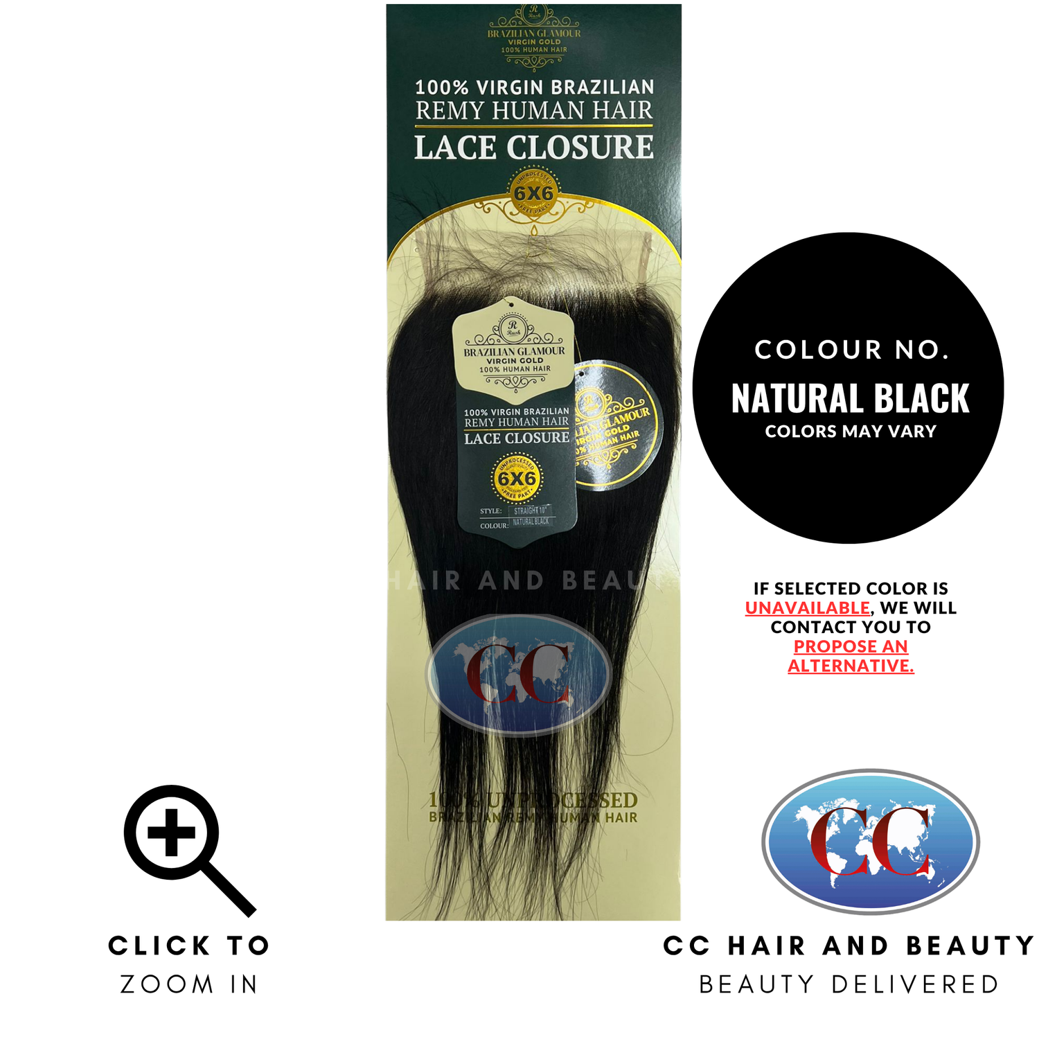 Brazilian Glamour Virgin Brazilian Remy Human Hair Lace Closure 6x6 Straight 10" - NATURAL BLACK